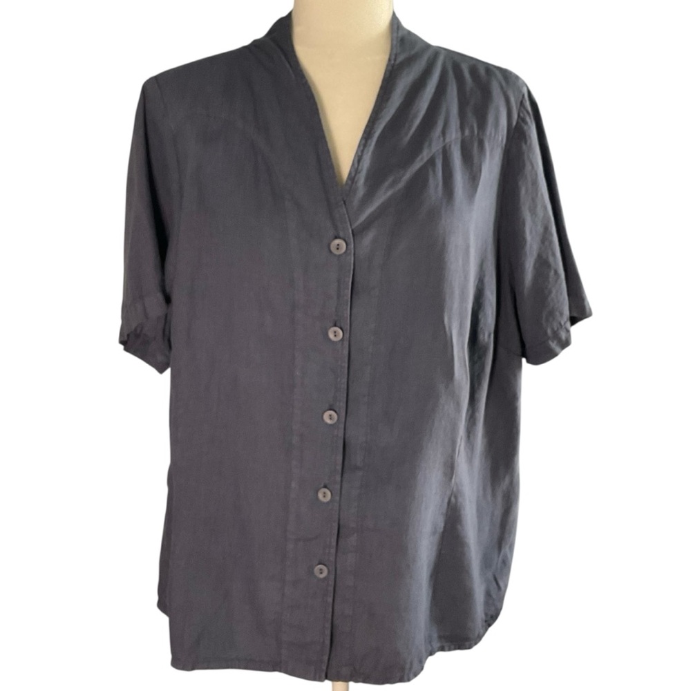 Flax Blue Gray Collarless Button Front Short Slee… - image 1